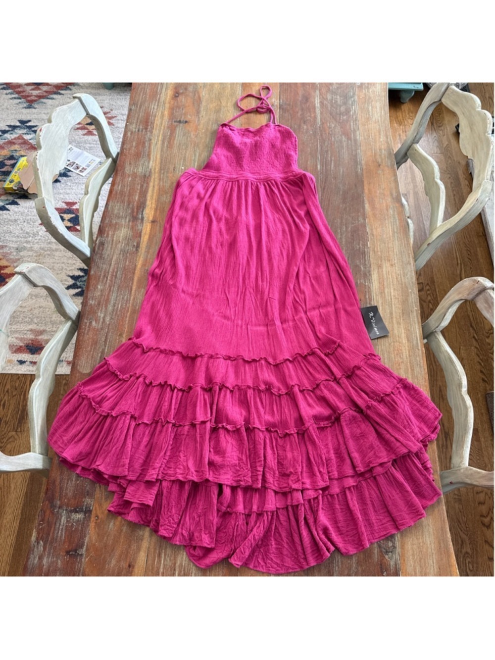 R. Vivimos Magenta Pink Cotton Gauze Ruffle Maxi Dress Boho Backless Medium